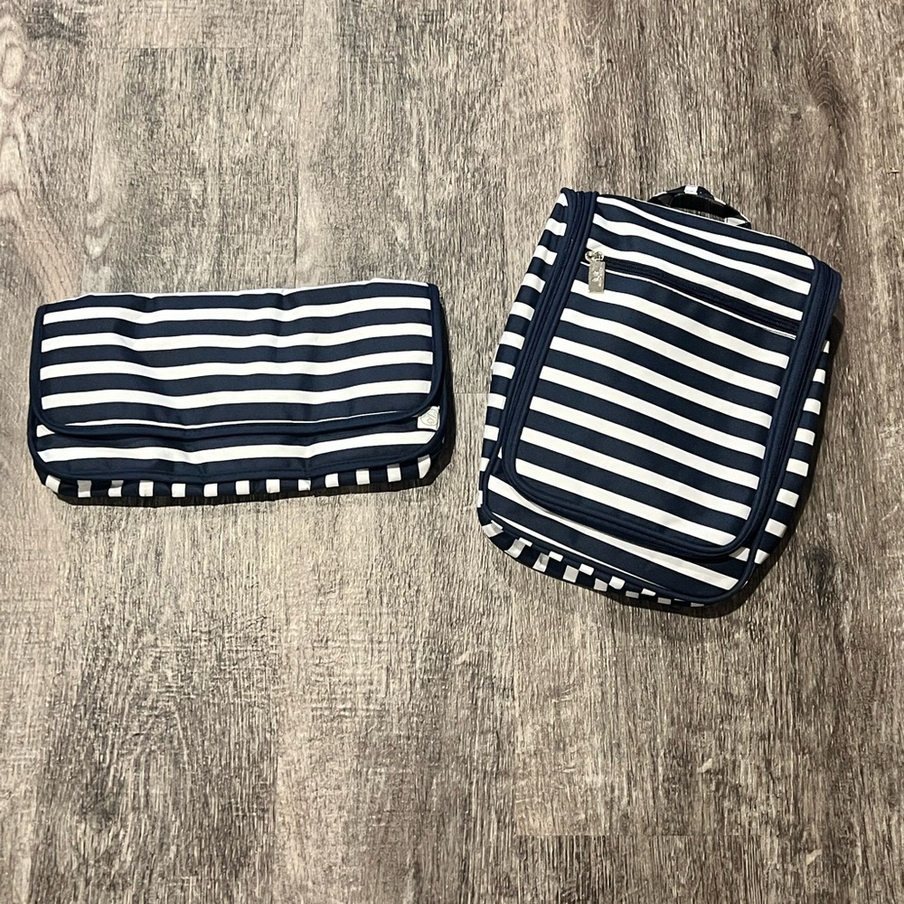 Initials INC Navy and White Striped Cosmetic Bag Set